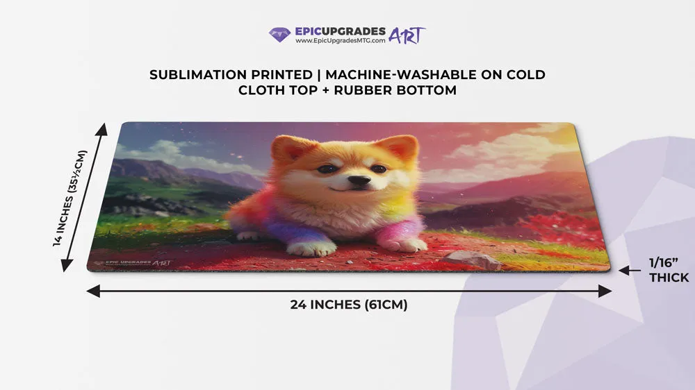 Prismatic Pals - Cute Puppy Playmat | 24"x14" Baby Corgi Rainbow Dog Card Mat