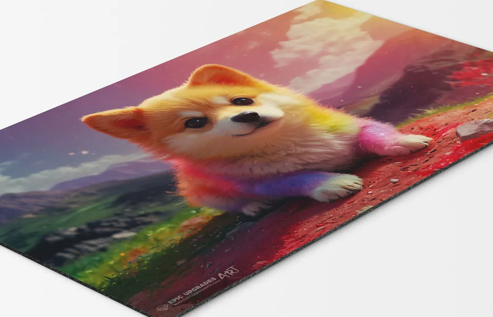 Prismatic Pals - Cute Puppy Playmat | 24"x14" Baby Corgi Rainbow Dog Card Mat