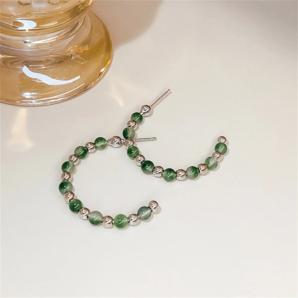 Quartz & Silver-Plated Beaded Hoop Earrings