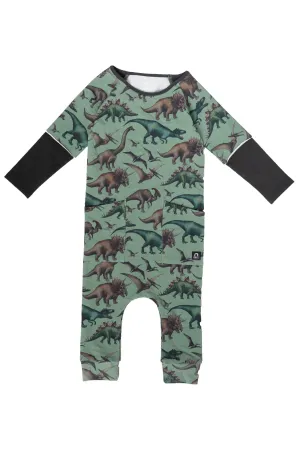 RAGS Layered Raglan Sleeve Big Hip Pocket Romper - Dinos - Green