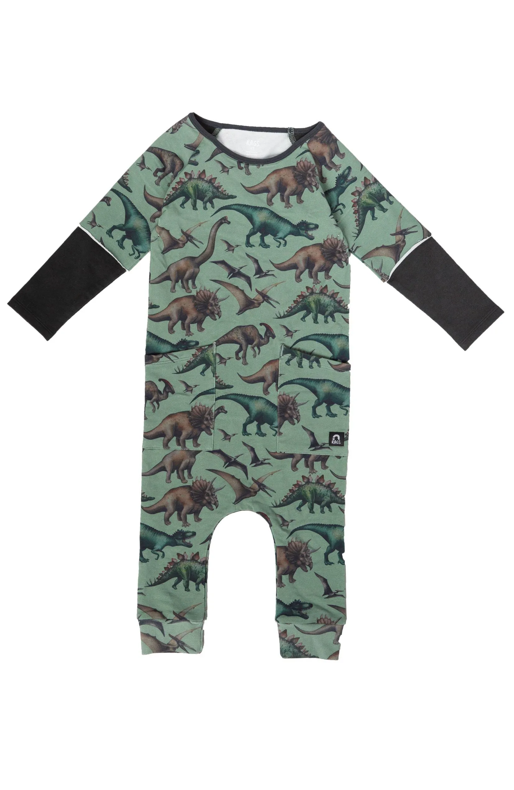 RAGS Layered Raglan Sleeve Big Hip Pocket Romper - Dinos - Green