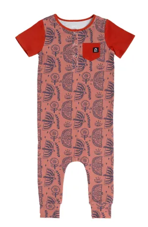 RAGS S/S Henley Pocket Romper - Bird Floral Copper Brown