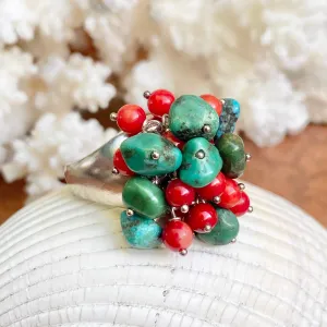 Sterling Silver Turquoise   Red Coral Bead Cluster Design Ring