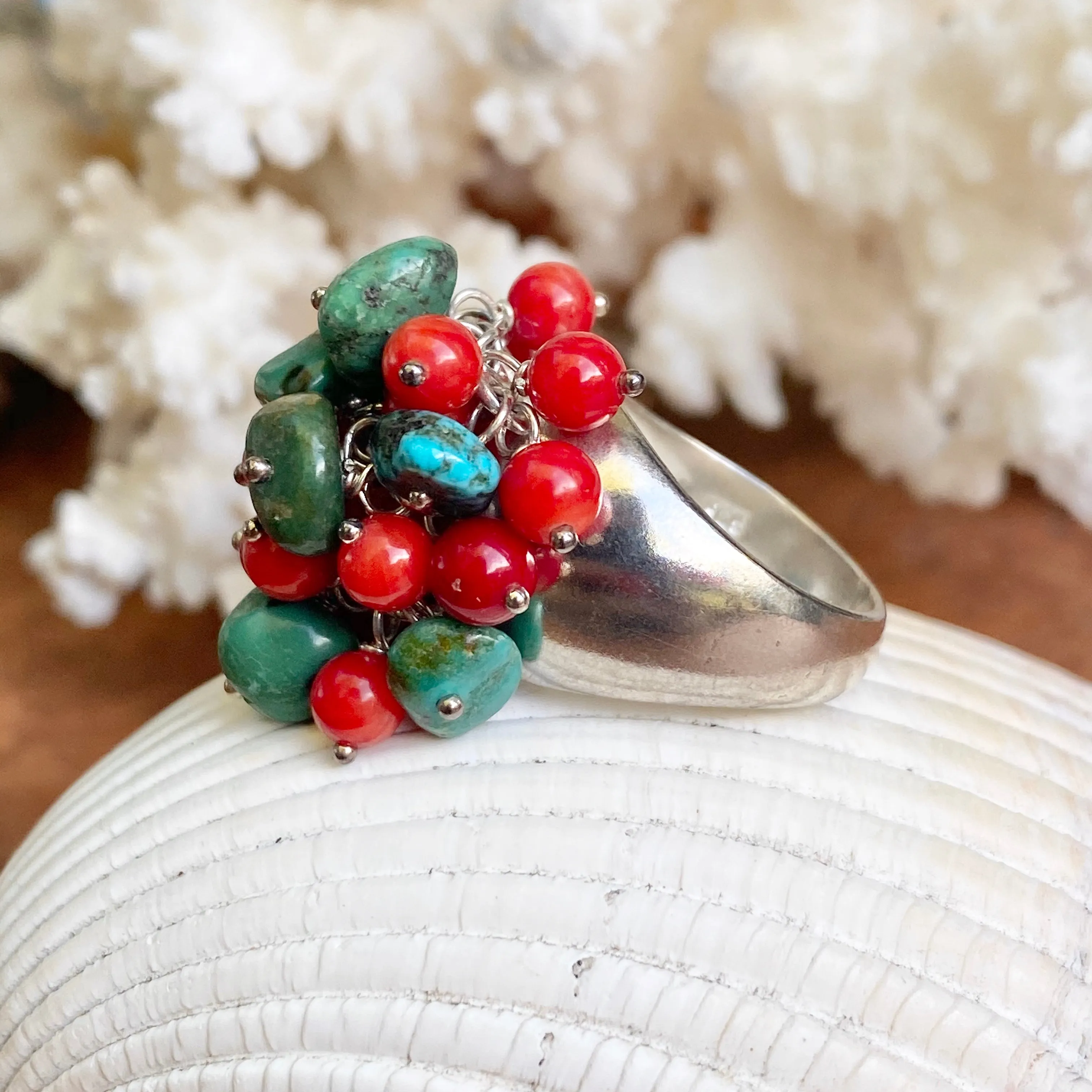 Sterling Silver Turquoise   Red Coral Bead Cluster Design Ring