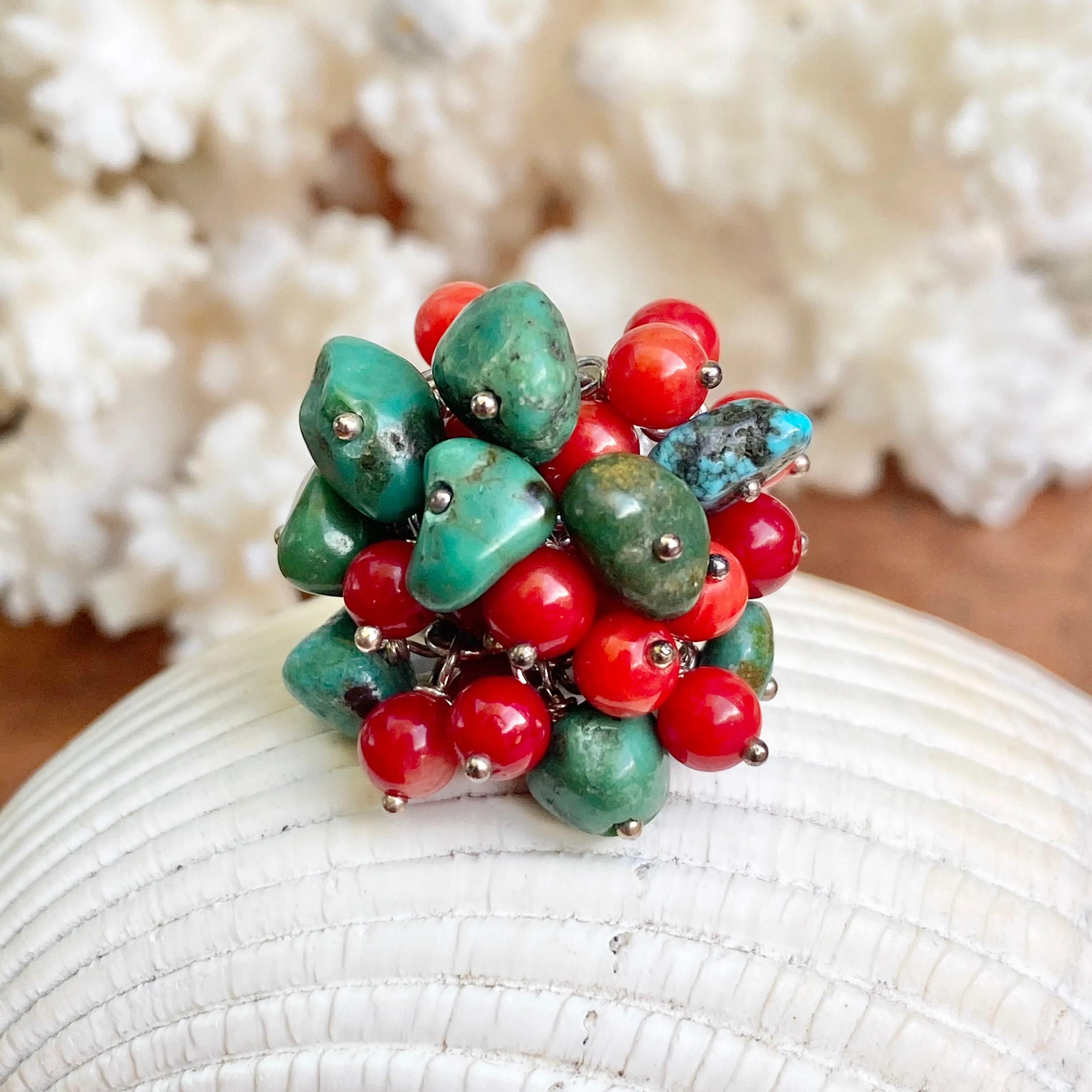 Sterling Silver Turquoise   Red Coral Bead Cluster Design Ring