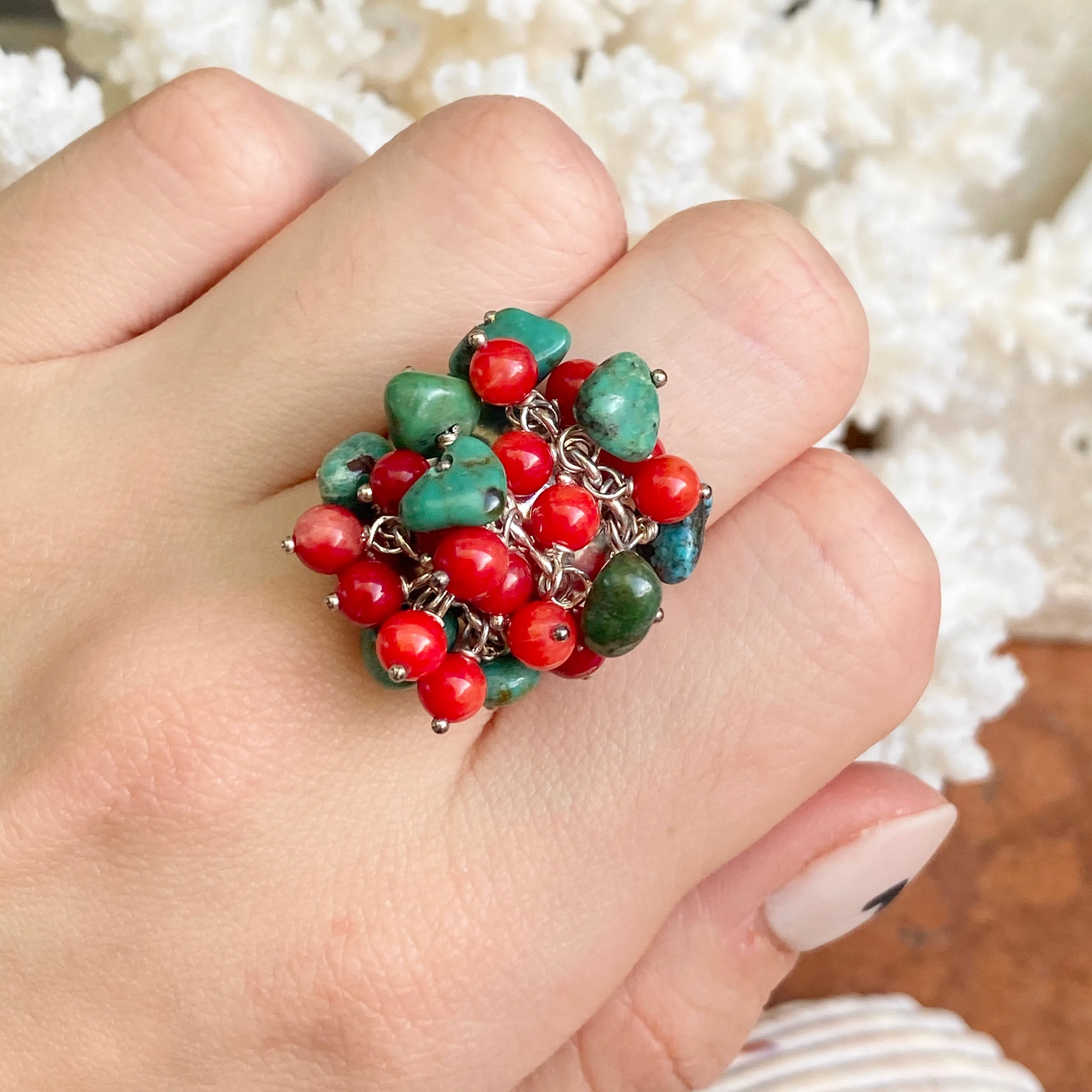 Sterling Silver Turquoise   Red Coral Bead Cluster Design Ring