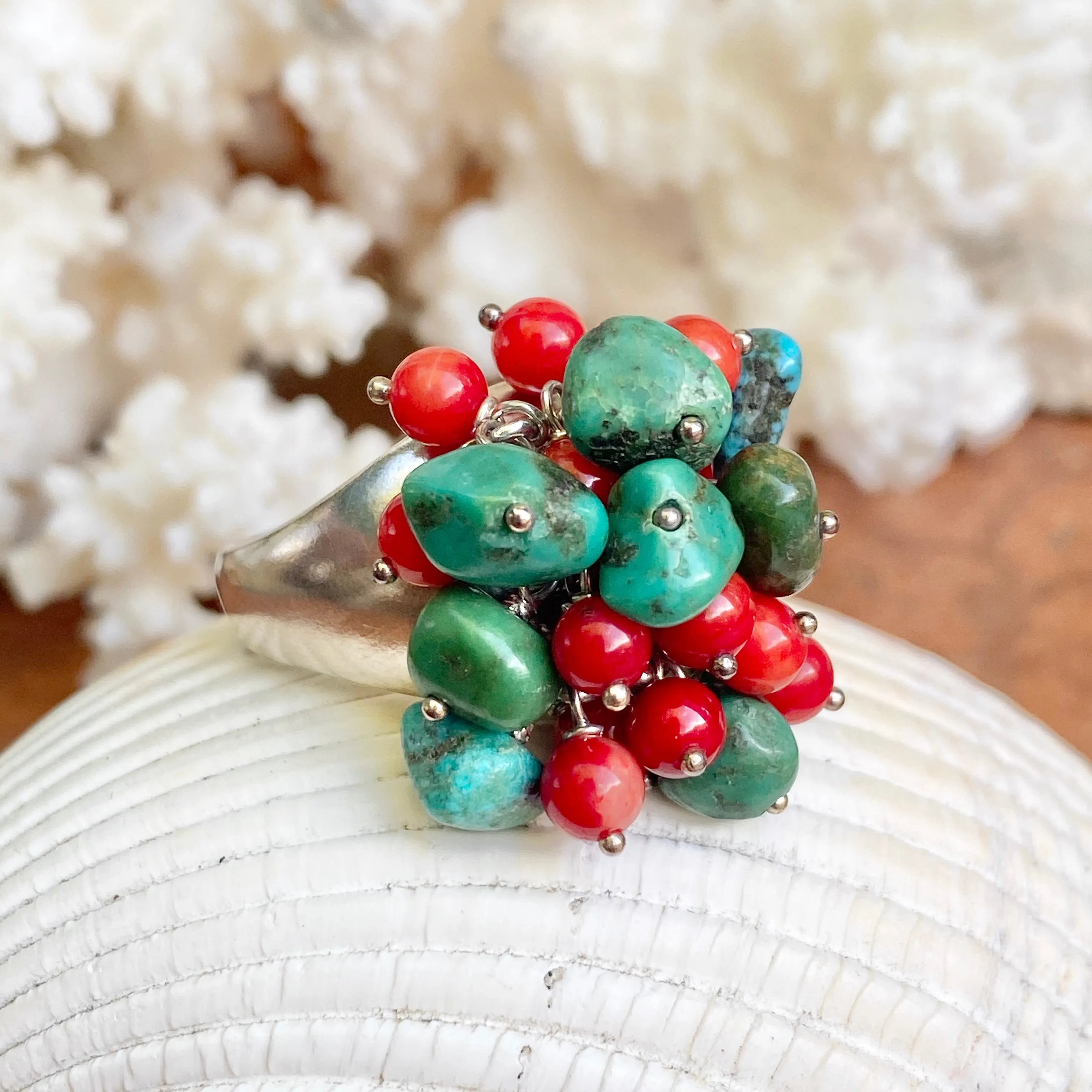 Sterling Silver Turquoise   Red Coral Bead Cluster Design Ring