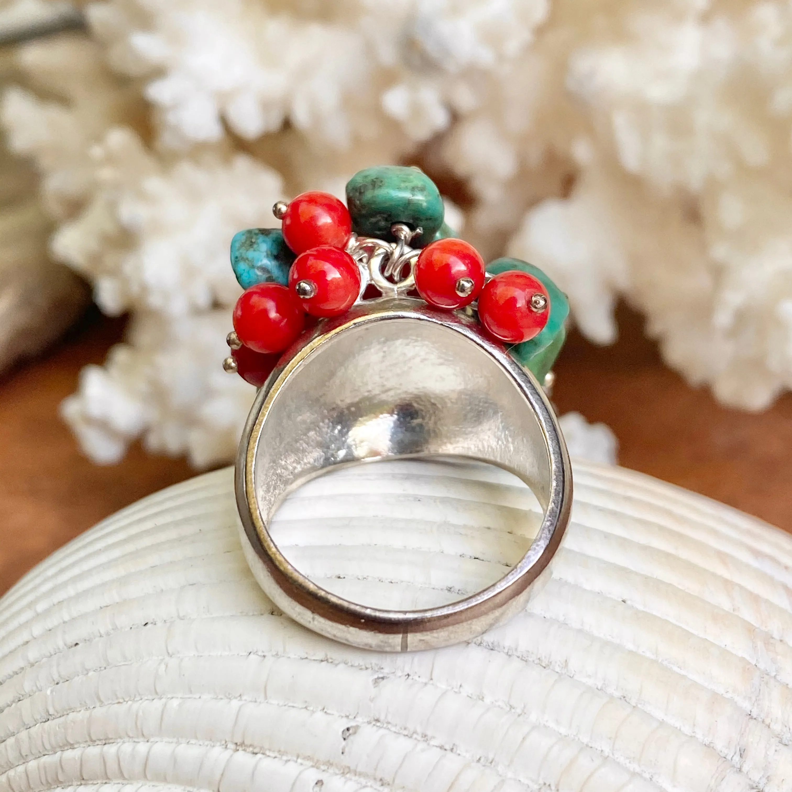 Sterling Silver Turquoise   Red Coral Bead Cluster Design Ring