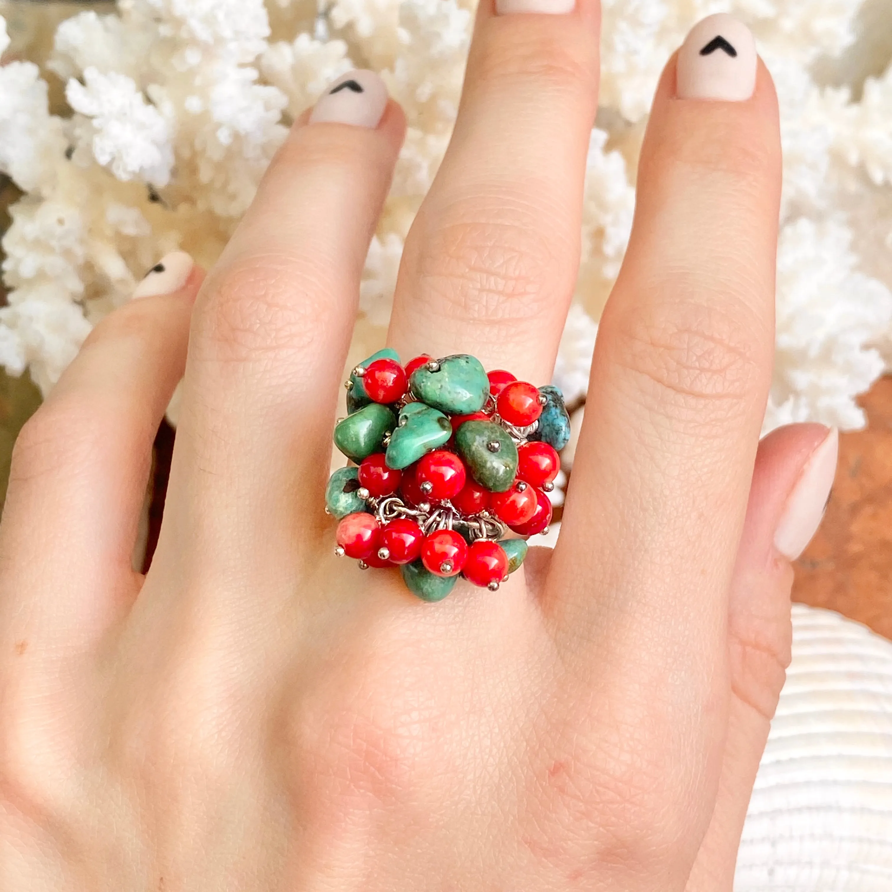Sterling Silver Turquoise   Red Coral Bead Cluster Design Ring