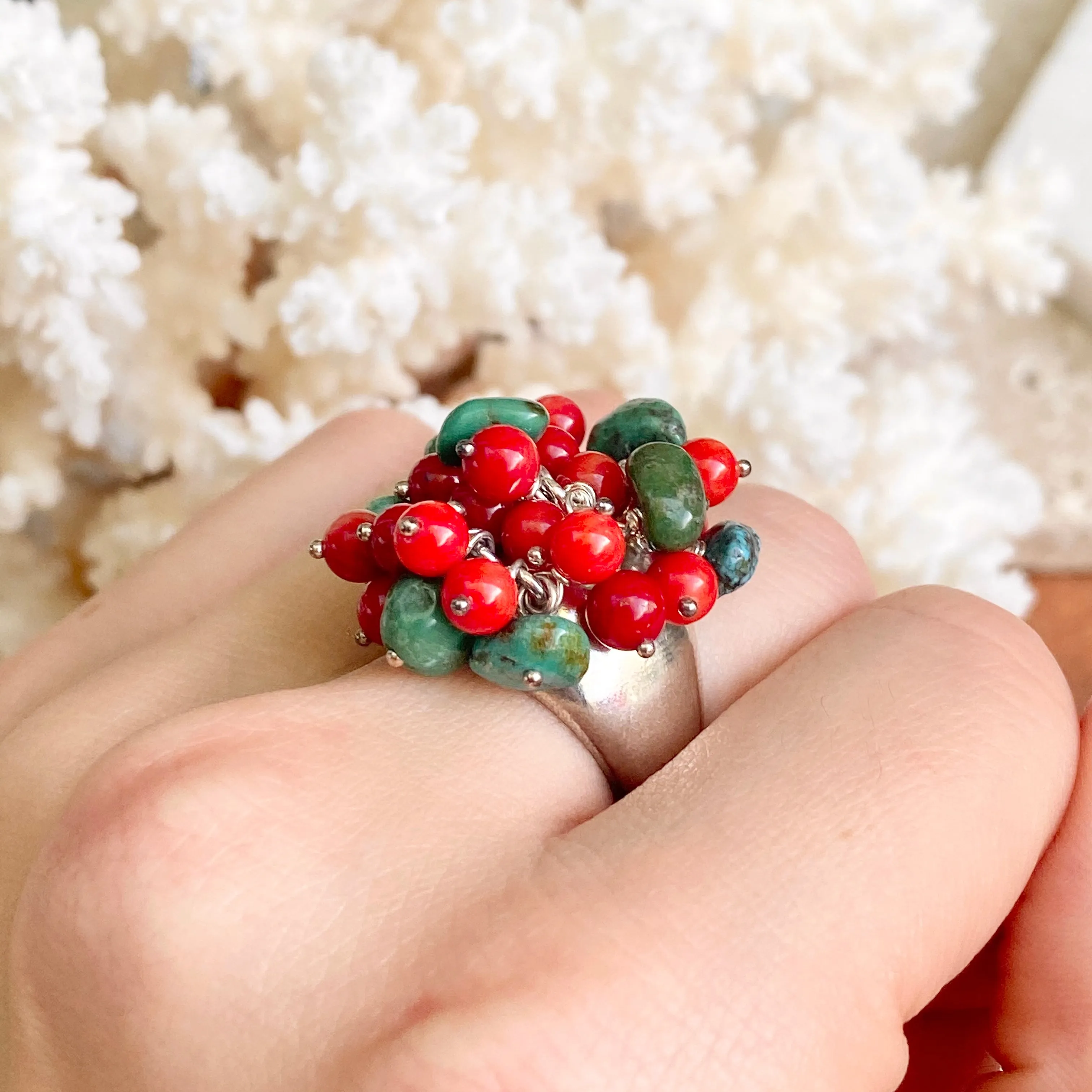 Sterling Silver Turquoise   Red Coral Bead Cluster Design Ring