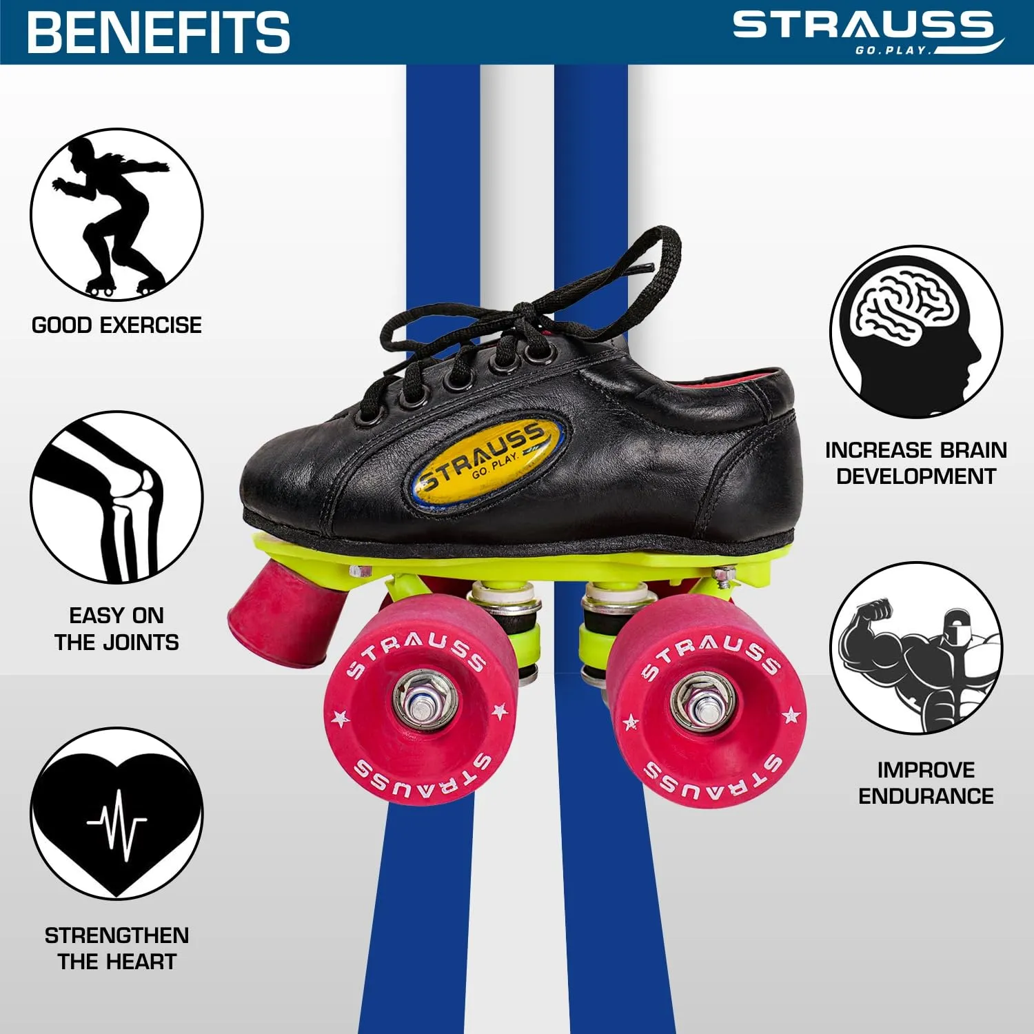 STRAUSS Gripper Skating Shoes: Fixed Body Roller Skates with Adjustable Fit | Size-2 | Red/Black