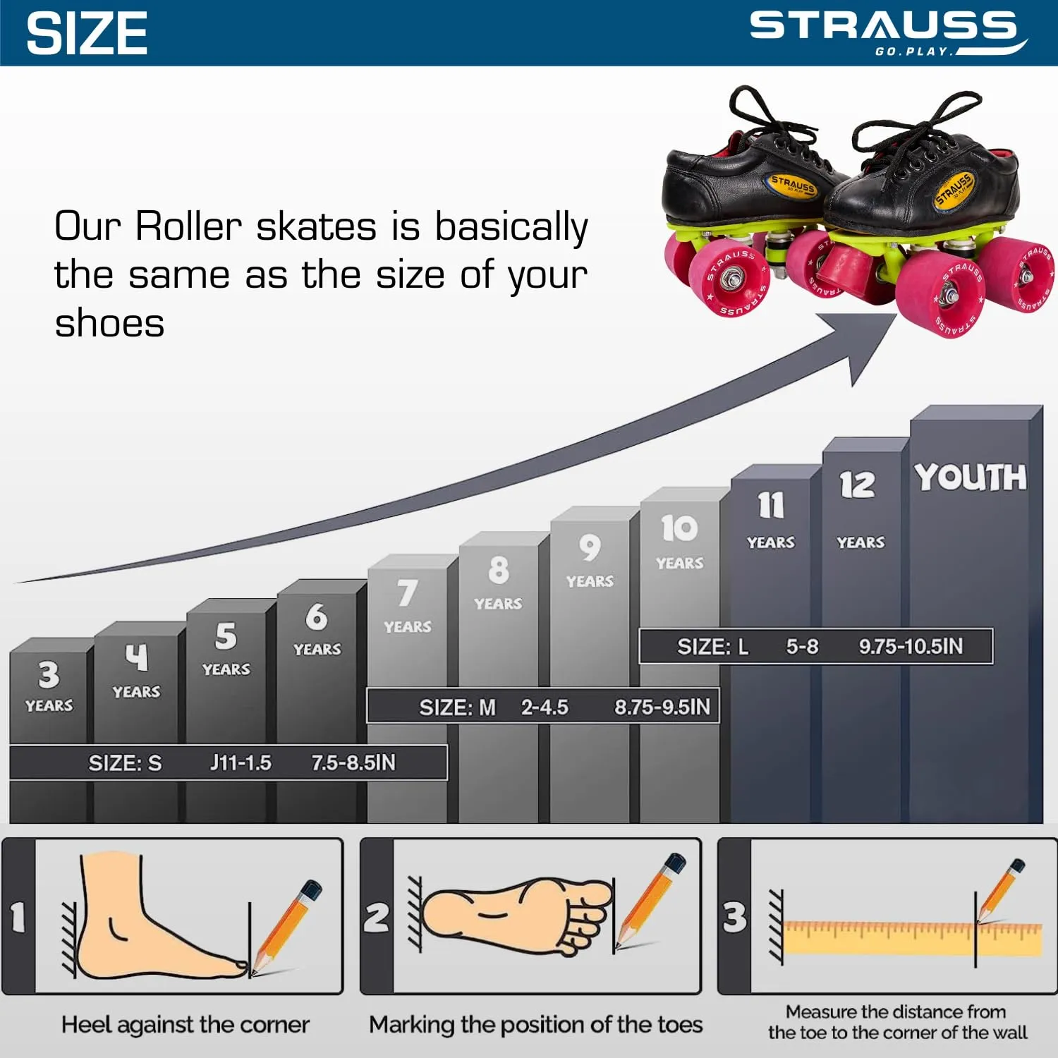 STRAUSS Gripper Skating Shoes: Fixed Body Roller Skates with Adjustable Fit | Size-2 | Red/Black
