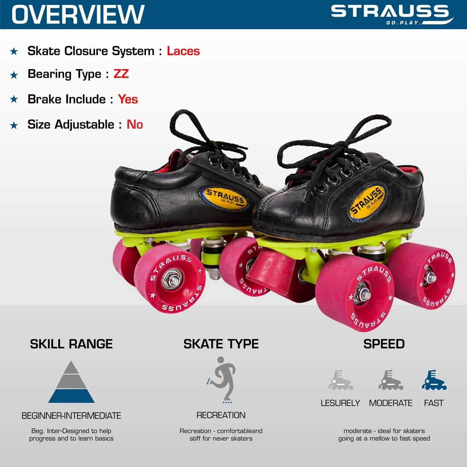 STRAUSS Gripper Skating Shoes: Fixed Body Roller Skates with Adjustable Fit | Size-2 | Red/Black