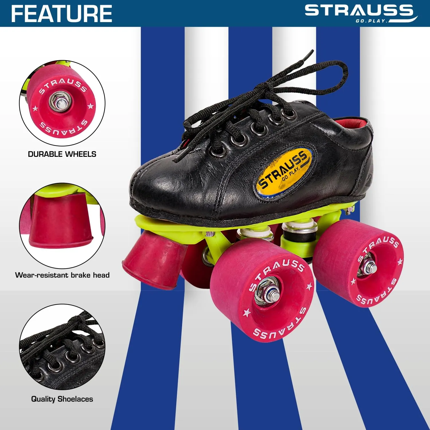 STRAUSS Gripper Skating Shoes: Fixed Body Roller Skates with Adjustable Fit | Size-2 | Red/Black
