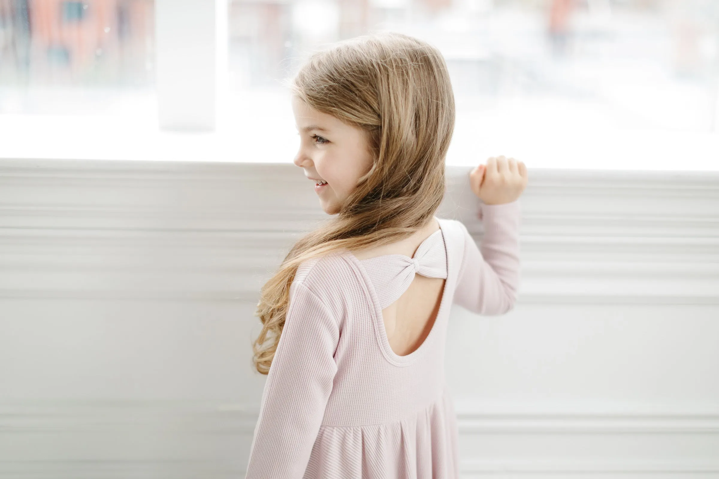 Waffle Long Sleeve Skater Dress - Blush Pink