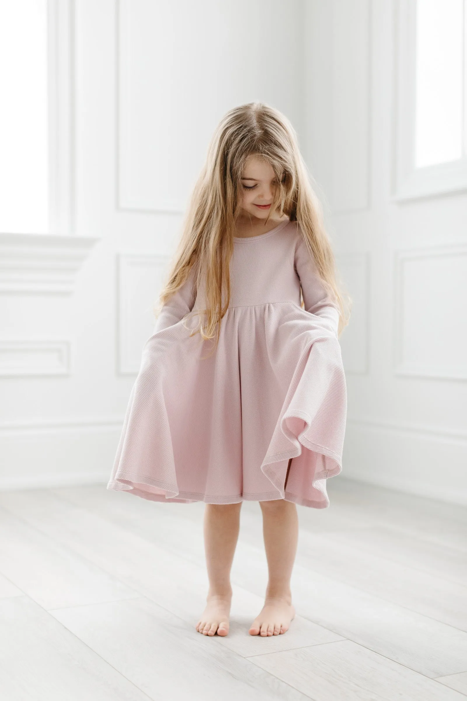 Waffle Long Sleeve Skater Dress - Blush Pink