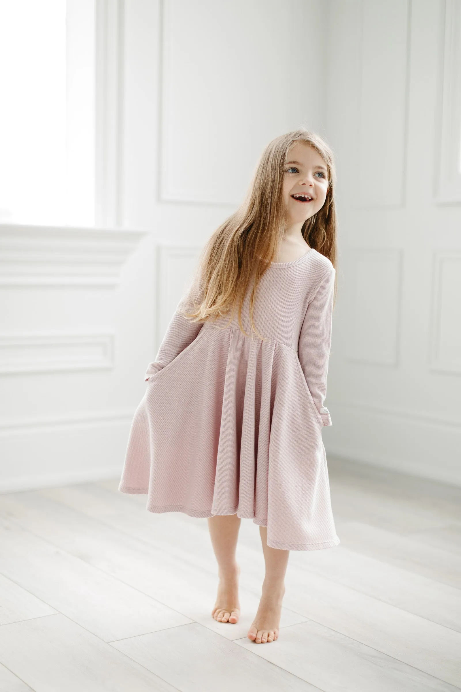 Waffle Long Sleeve Skater Dress - Blush Pink
