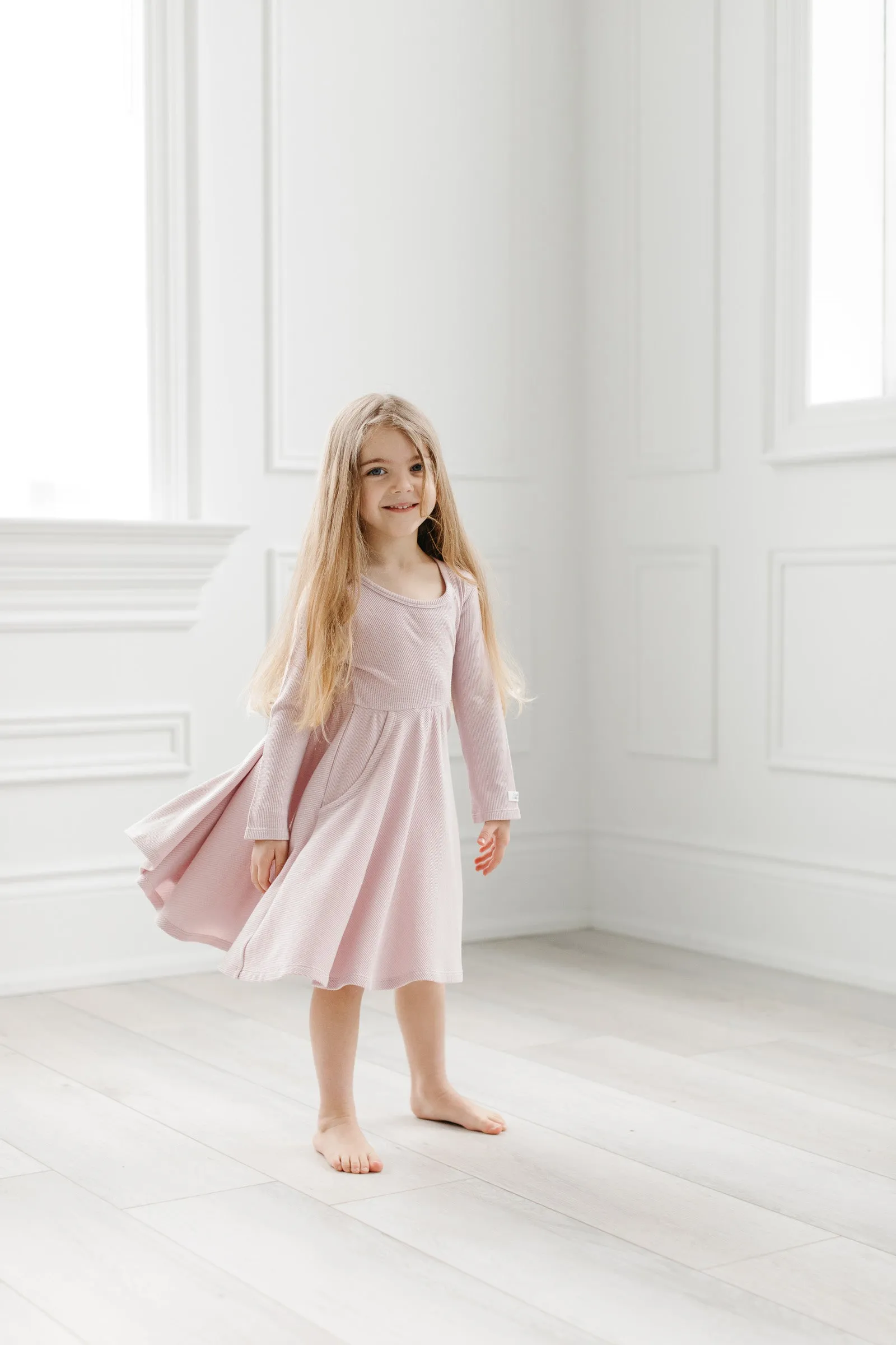 Waffle Long Sleeve Skater Dress - Blush Pink