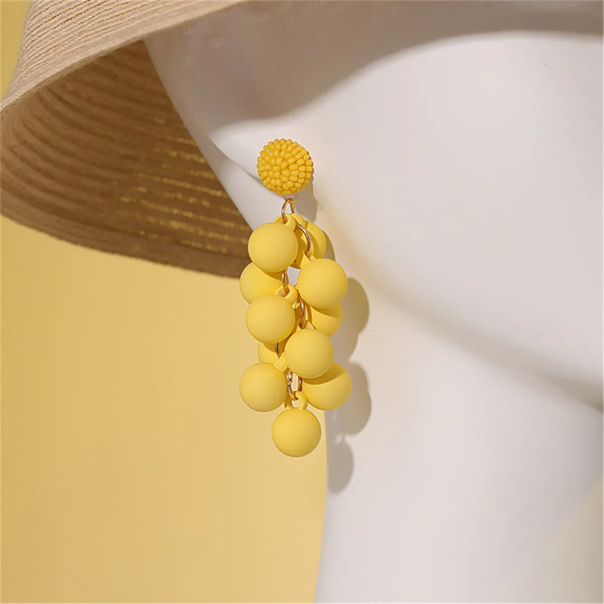 Yellow Acrylic & Howlite Round Grape Drop Earrings